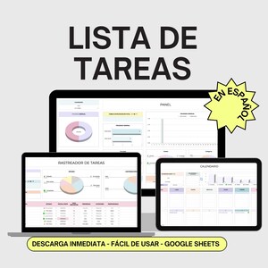 Puede incluir: Una ilustración digital de tres pantallas de ordenador que muestran una plantilla de lista de tareas en español. Las pantallas muestran un calendario, un rastreador de tareas y un panel con gráficos y diagramas. El texto en las pantallas dice "Lista de Tareas" y "En Español".