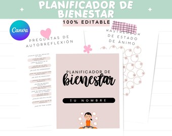 Spanish Digital Wellness Planner, Self-Care, Gratitude Journal, Mood Tracker (Canva Template)