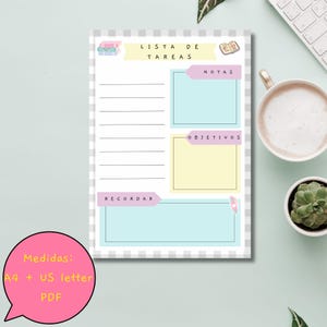 May include: A pastel-coloured planner page with sections for tasks, notes, and goals. The page includes the text "LISTA DE TAREAS", "NOTAS", "OBJETIVOS", and "RECORDAR". The planner is A4 and US letter size, and is available in PDF format.