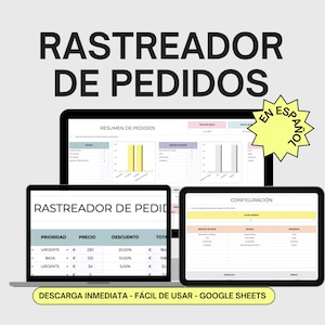 Może przedstawiać: Cyfrowy wyświetlacz informacji o śledzeniu zamówień na laptopie, tablecie i ekranie komputera. Ekrany wyświetlają wykresy, tabele oraz tekst "RASTREADOR DE PEDIDOS" i "DESCARGA INMEDIATA - FÁCIL DE USAR - GOOGLE SHEETS". Żółta gwiazda mówi "EN ESPAÑOL".
