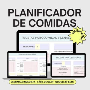May include: A digital planner for meal planning in Spanish. The planner includes sections for recipes for meals, dinners, and breakfasts. The planner is available for immediate download and is easy to use with Google Sheets.