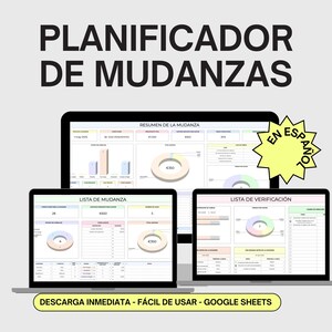 Może przedstawiać: Cyfrowy planer przeprowadzki w języku hiszpańskim zatytułowany "Planificador de Mudanzas". Planer zawiera podsumowanie przeprowadzki, listę kontrolną przeprowadzki i listę pakowania. Planer jest dostępny do pobrania natychmiast i jest łatwy w użyciu w Google Sheets.