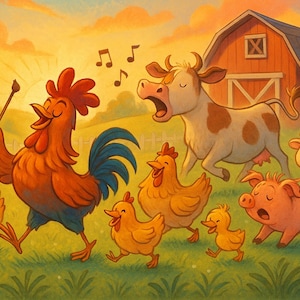 Rooster&#39;s Morning Parade Print: Whimsical Farm Nursery Art (Digital Download)