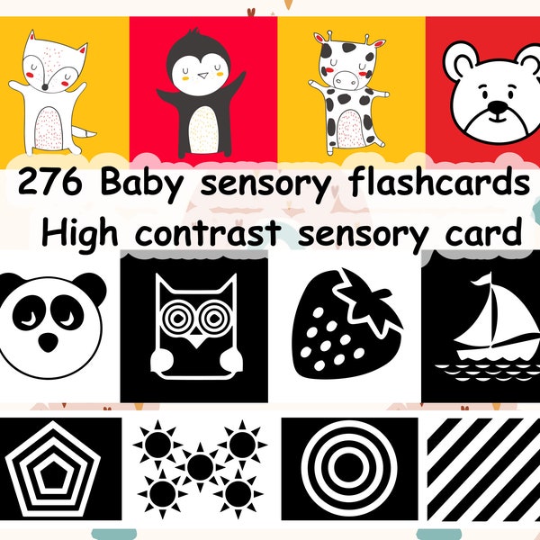 276 Baby Sensory Flashcards | High contrast sensory card| Montessori baby sensory cards