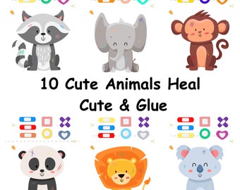 Cute Animals Heal: Interactive Medical Plasters Templates for Kids. Parents or Kindergarten. Cute and Glue.  Dog, Lion, Cat, Panda and Other