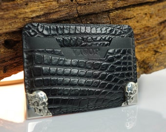 Branded Cardholder for Bank Cards Made of Genuine Alligator Leather and Nappa Leather with 925 Sterling Silver Skull Corners