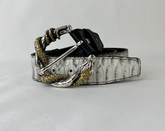 Python-Gürtel mit Schlangenschnalle, 4 cm | Echtes weißes Schlangenleder | Ouroboros-Schlangenschnalle in Silber und Gold | Luxuriöses Geschenk für Gothic-Rocker | Individuelle Größenanpassung