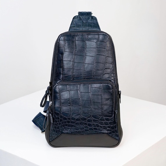 best mens front sling leather backpack Bag for Men Genuine Chest Bag Shoulder Bag Crossbody length zip pocket on the back is perfect for a phone Genuine Alligator Leather Sling Bag,