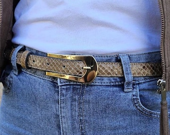 Womens Skinny Python Belt 2cm | Genuine Snakeskin | Elegant Gold Buckle | Brown Leather Waist Belt | Custom Size Beige