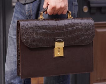 Chocolate Alligator Briefcase | Mens Leather Portfolio | Genuine Alligator Flap Laptop Bag | Gold Lock Hardware | Olive Nubuck Lining Gift