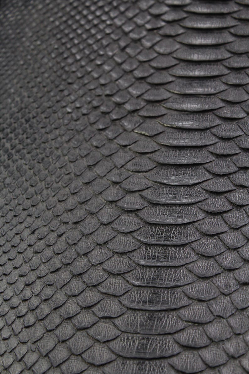 May include: Close-up of a textured, dark gray material with a scale-like pattern. The scales overlap, creating a reptile skin appearance. The surface has a subtle sheen, suggesting a leather or similar material.