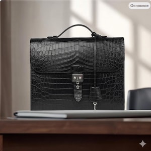May include: A black briefcase with a crocodile skin effect. The bag features a top handle, a metal clasp, and a key-shaped charm. It rests on a dark wooden surface, suitable for a professional environment.