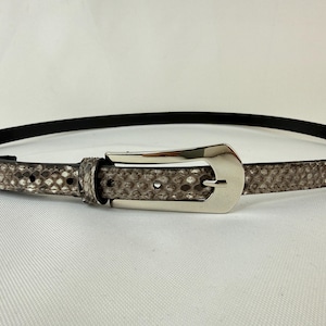 Può includere: Una cintura con motivo a pelle di serpente e fibbia color argento. La cintura ha un retro nero e un design testurizzato a pelle di serpente dai toni neutri. La fibbia è di colore argento lucido e ha una forma classica.