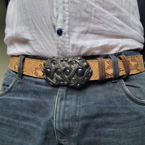 Statement Python Belt 4cm | Genuine Snakeskin | Vintage Black Buckle with Crystals | Gothic Boho Western Style | Custom Size Brown Unisex