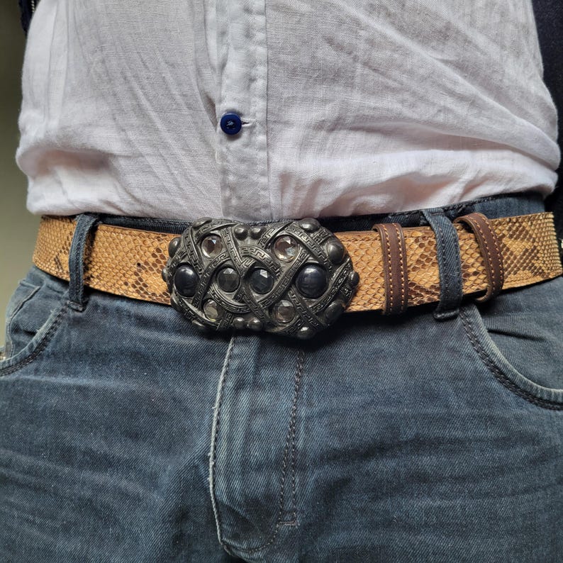Statement Python Belt 4cm | Genuine Snakeskin | Vintage Black Buckle with Crystals | Gothic Boho Western Style | Custom Size Brown Unisex image 1