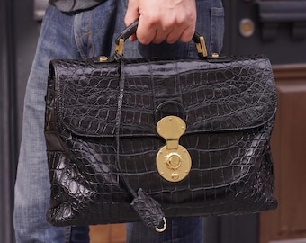 Luxury Soft Alligator Leather Satchel, Slouchy Black Alligator Handbag, Artisan Genuine Alligator Skin Bag, Gold Hardware, Statement Piece