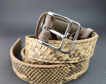 Natural Python Belt 1.4", Luxury Alligator Leather Details Unisex Waistband, Double Prong Silver Buckle Custom Size Handcrafted Premium Gift