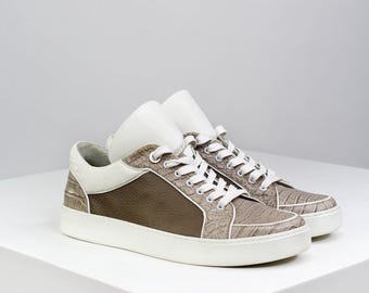 Luxurious Beige Alligator Leather Sneakers with Vibram Sole and Nappa Lining