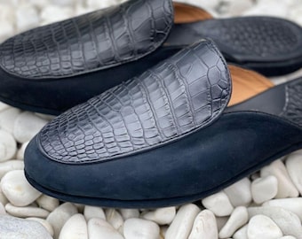 Men Alligator Leather Mules Real Leather Sole Suede Trim Slippers Luxury Exotic Skin Slides Mens Summer Loafers Slip On Shoes Gift for Him