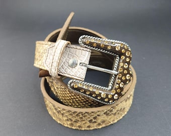 Honey Python Belt 1.4", Luxury Alligator Leather Details Unisex Waistband, Western Rhinestone Buckle, Custom Size Handcrafted Luxury Gift