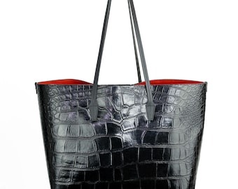 Black Shopper Bag in Crocodile-Embossed Genuine Leather
