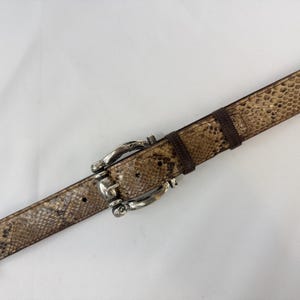 Può includere: Una cintura marrone e beige con motivo a pelle di serpente e fibbia color argento. La cintura ha un retro in pelle marrone scuro e una fibbia decorativa. La cintura è angolata nel fotogramma.