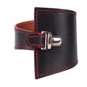 Black Leather Bracelet with Red Stitching and Metal Buckle