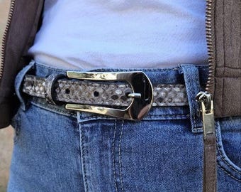 Womens Skinny Python Belt 2cm | Genuine Snakeskin Waist Belt | Elegant Silver Buckle | Thin Leather Belt for Dress | Custom Size Grey