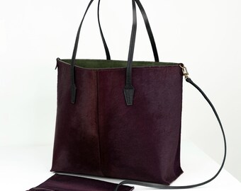 Luxury Purple Hair-on Shopper Bag & Clutch Set | Large Cowhide Tote | Leather Shoulder Bag with Suede Lining