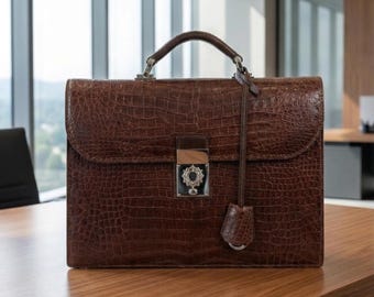 Genuine Alligator Briefcase for Men | Luxury Executive Attache Case | Italian Watch Combination Lock | CEO Boss Gift | Brown Leather Bag