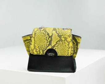 Structured Python and Nappa Leather Bag – Yellow & Black Harmony of Luxury