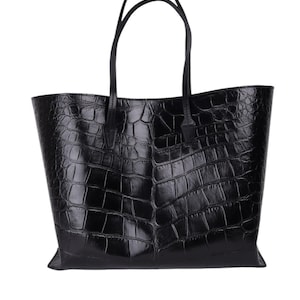 Black Shopper Bag in Crocodile-Embossed Genuine Leather