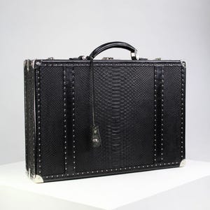 Luksusowa czarna aktówka z prawdziwej skóry pytona | Ręcznie robiona teczka z drewnianą ramą | Egzotyczna skóra z włoskiego sprzętu