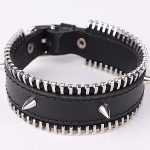 Black Leather Bracelet with Spikes and Zipper Closures