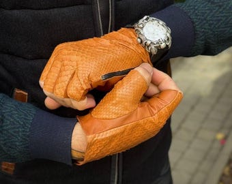 Men's Orange Python Leather Fingerless Gloves | Genuine Exotic Skin Driving Gloves | Handcrafted Premium Nappa, Python | Luxury Gift for Him