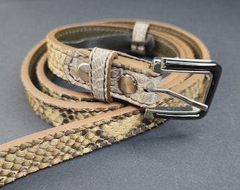 Narrow Python Leather Belt 2.5cm, Alligator Leather Details Unisex Waistband, Luxury Exotic Skin Belt, Silver Hardware Custom Size Gift