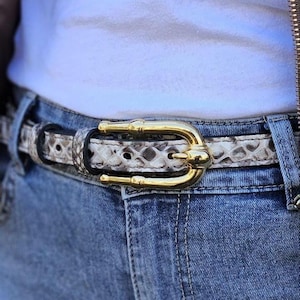 Womens Skinny Python Belt 2cm | Genuine Snakeskin | Gold Bamboo Buckle | Vintage 70s Style Waist Belt | Luxury Gift for Her Custom Size