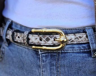 Womens Skinny Python Belt 2cm | Genuine Snakeskin | Gold Bamboo Buckle | Vintage 70s Style Waist Belt | Luxury Gift for Her Custom Size