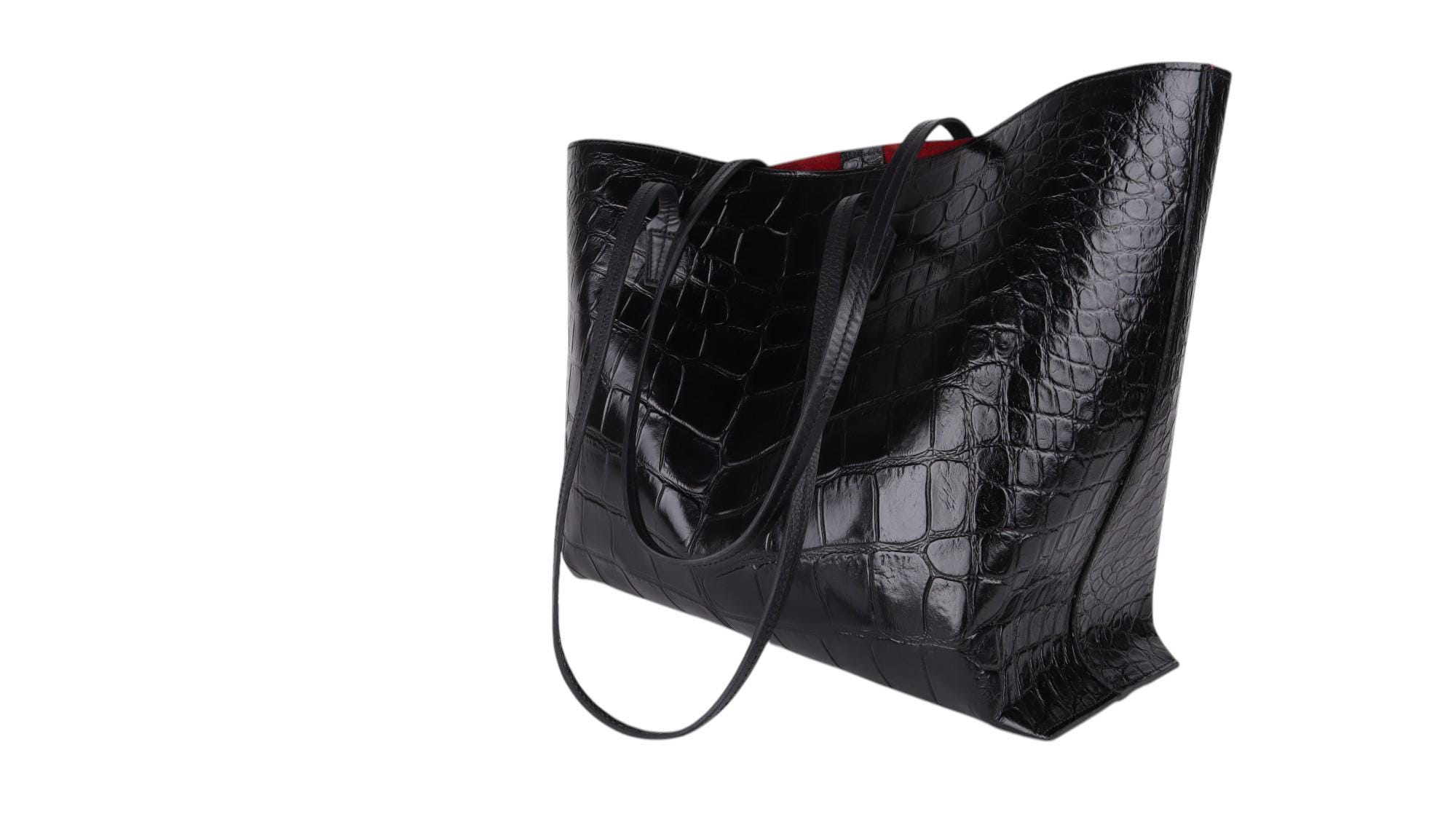 クロコダイル型押し本革のブラックショッパーバッグ - Etsy 日本