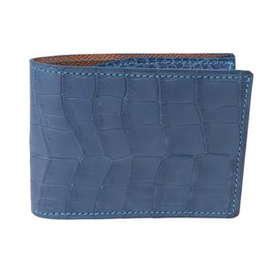Cartera exclusiva de piel de aligátor azul y napa.