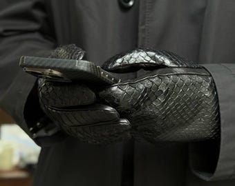 Schwarze Herrenhandschuhe aus Pythonleder | Handgefertigte Luxushandschuhe aus exotischem Leder