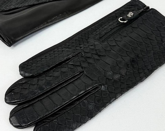 Schwarze Herrenhandschuhe aus Python- und Nappaleder | Elegante Handschuhe aus exotischem Leder mit Reißverschluss | Luxuriöses, handgefertigtes Geschenk