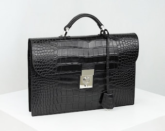 Luxury Alligator Leather Briefcase, Handmade Men’s Executive Attache Case, Black Alligator Skin Business Bag, Professional Lawyer Portfolio