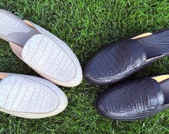 Real Alligator Leather Mules for Men, Genuine Exotic Leather Slippers, Luxury Alligator Shoes, Handmade Mens Leather Loafers Mules