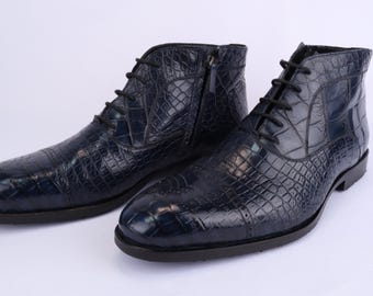 Exclusive Men's Alligator Leather Shoes in Dark Blue
