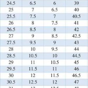 May include: A shoe size conversion chart with measurements in centimeters (CM), US, UK, and EU sizes. The chart includes sizes from 23 CM (US 5, UK 4.5, EU 37.5) to 33 CM (US 15, UK 14.5, EU 50.5).