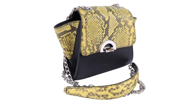 May include: A black and yellow crossbody bag with a snakeskin pattern on the flap and strap. The bag has a silver chain strap and a silver clasp. The bag is a stylish accessory.