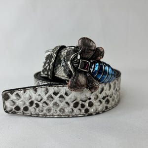 Jeweled Bee Python Belt 4cm | Genuine White Snakeskin | Blue Enamel Insect Buckle with Crystal | Luxury Garden Motif | Custom Size Unisex