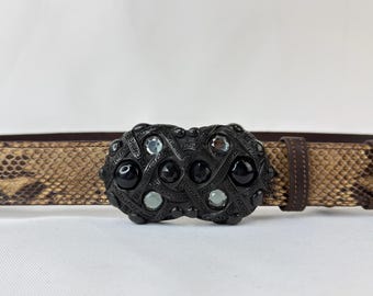Statement-Gürtel aus Pythonleder, 4 cm | Echtes Schlangenleder | Vintage-Gürtelschnalle in Schwarz mit Kristallen | Gothic-Boho-Western-Stil | Maßanfertigung, Braun, Unisex