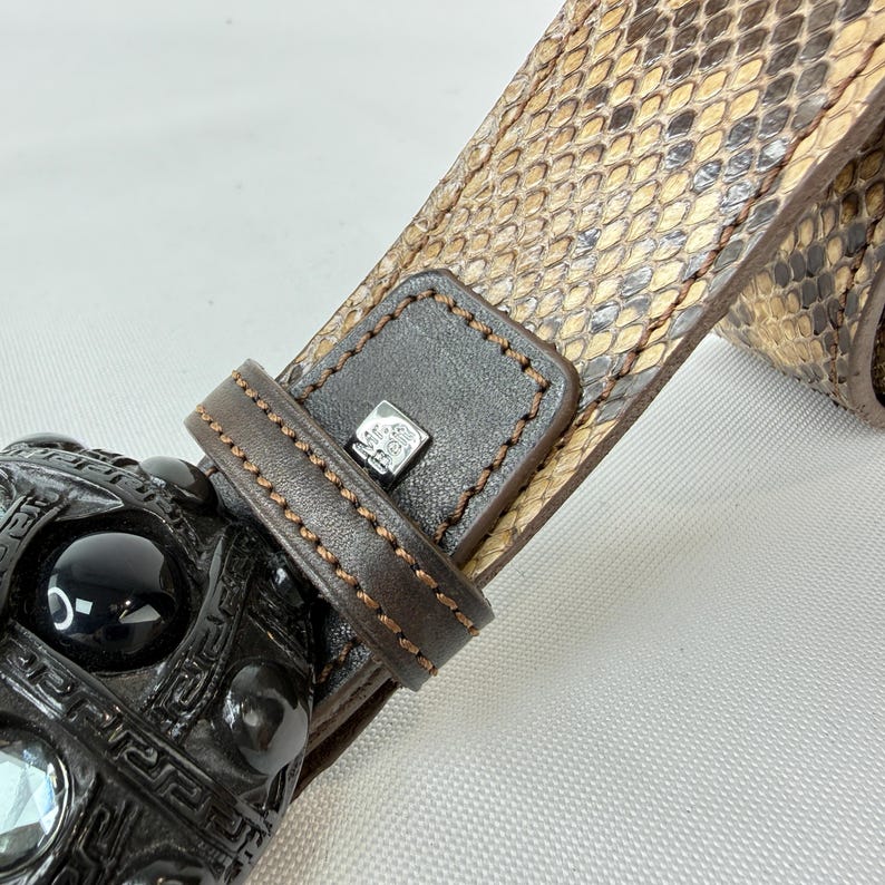 Statement Python Belt 4cm | Genuine Snakeskin | Vintage Black Buckle with Crystals | Gothic Boho Western Style | Custom Size Brown Unisex image 5